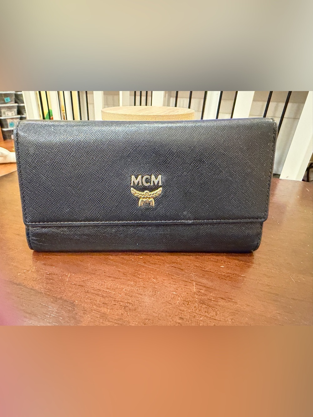 EUC MCM Black Saffiano Leather Continental Wallet with Gold Logo